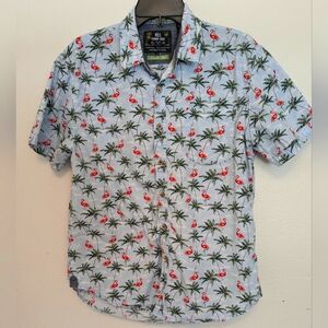 MBX Premium Goods men's pink flamingo and palm tree tropical shirt